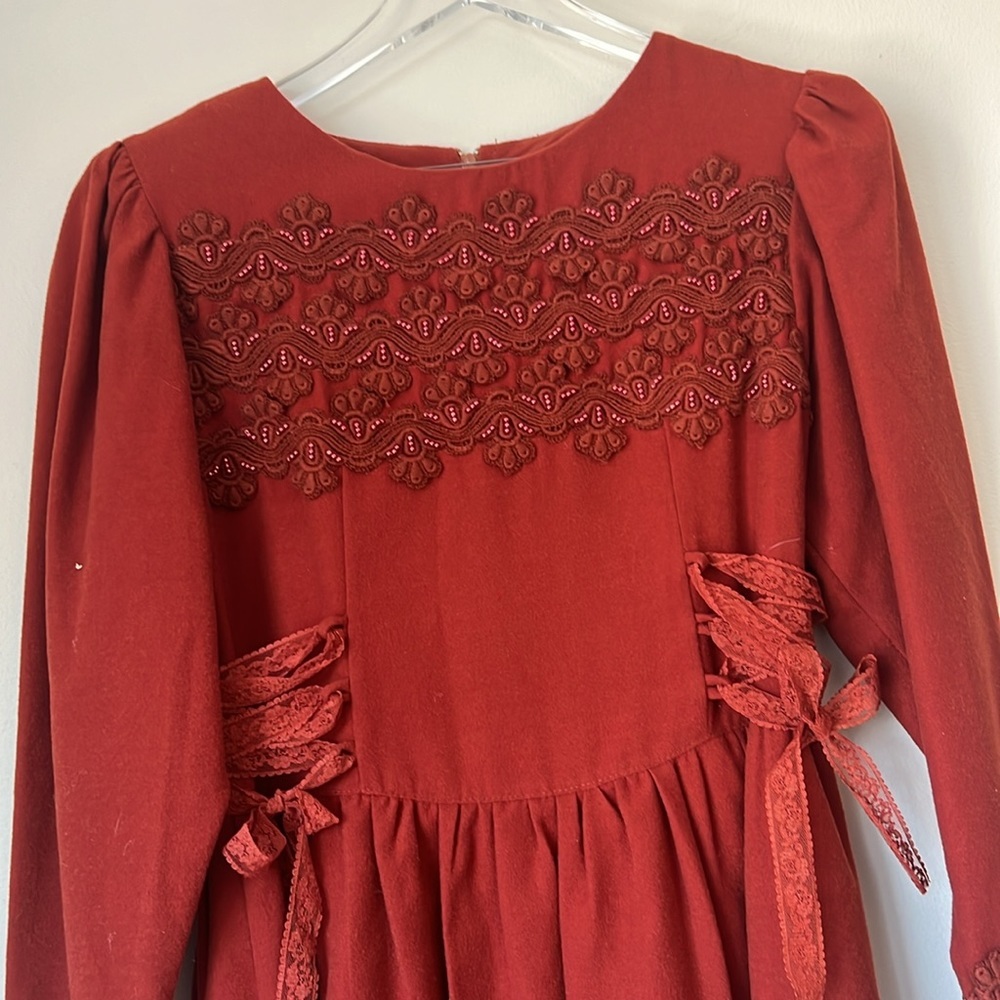 Vintage 1980's Bead Embroidered Wool Blend Midi Rust Orange Red Dress 2 - Picture 2 of 11